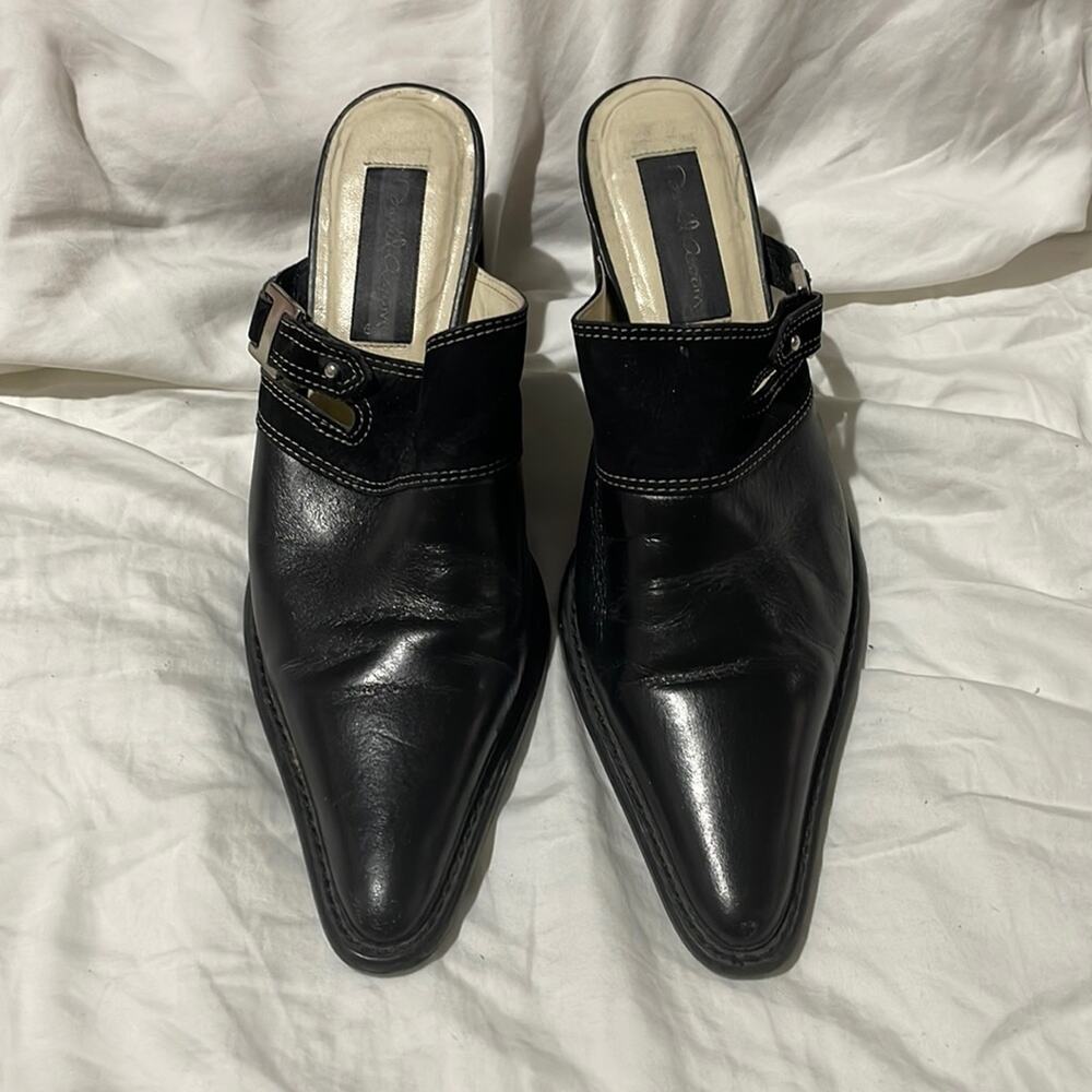 David Aaron 8 black leather heeled slip on slide one mule white stitching guc
